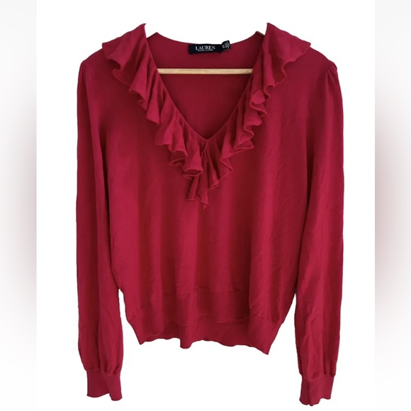 Ralph Lauren LAUREN Ruffled Trim V-Neck Sweater in Red NWT- Size XL - Picture 1 of 8